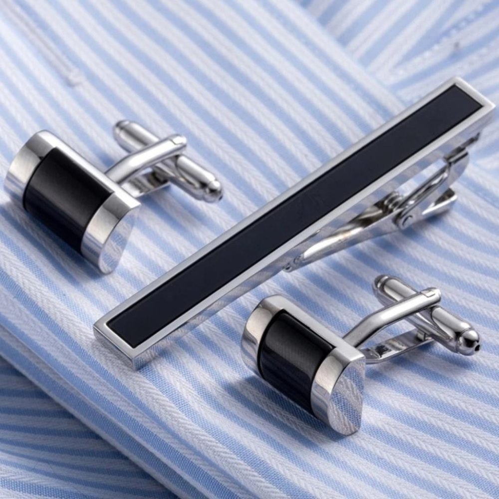 Stainless Steel Cuff Links Tie Clip Set